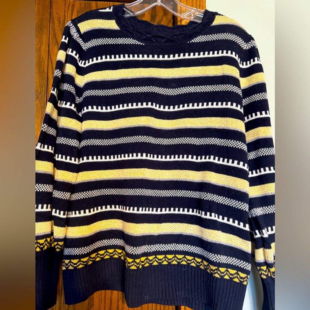 LOFT pointelle navy and gold striped sweater